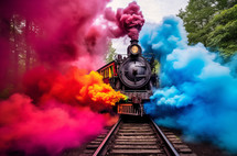 A colorful steam train emitting vibrant smoke on the tracks