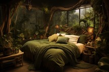 Bedroom designed with a tropical rainforest motif, rich in greenery and earthy tones
