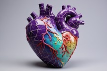 Illustration of a ceramic human heart model with vibrant colors and textures