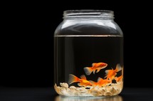 Multiple goldfish swimming in a spacious glass jar on a dark backdrop