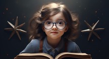 Cute little girl in glasses reading a book on a dark background