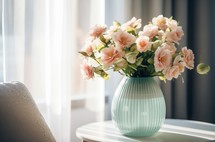 Elegant pink flowers in a blue vase by the window casting a warm glow