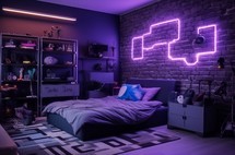 Modern youth room with neon lighting and exposed brick