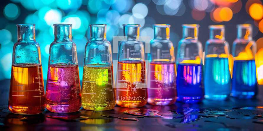  Laboratory test tubes filled with vibrant liquids against a bokeh backdrop