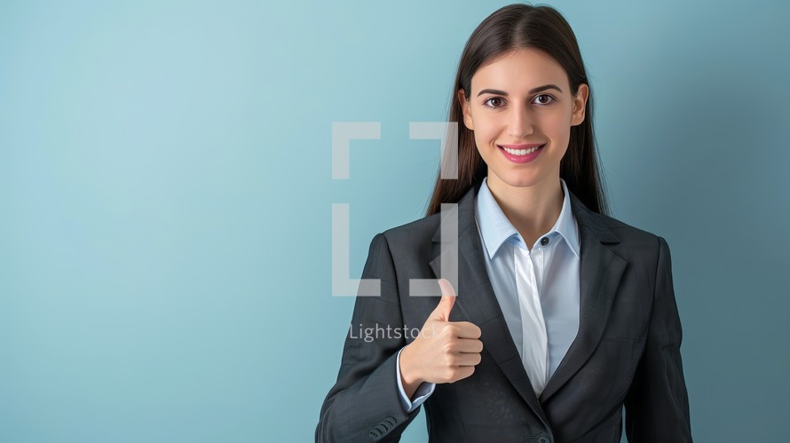 Portrait of a beautiful business woman showing thumbs up on blue background