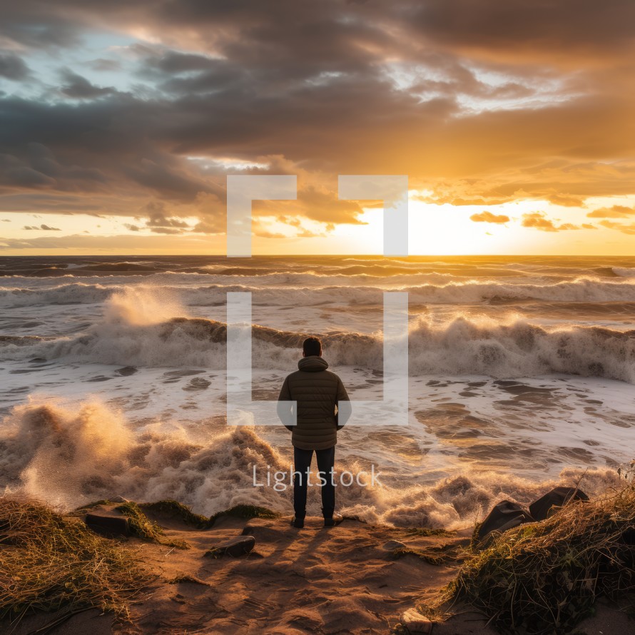 Raging ocean with big waves, a man in a sand-colored jacket stands facing the ocean, autumn weather, sunset light