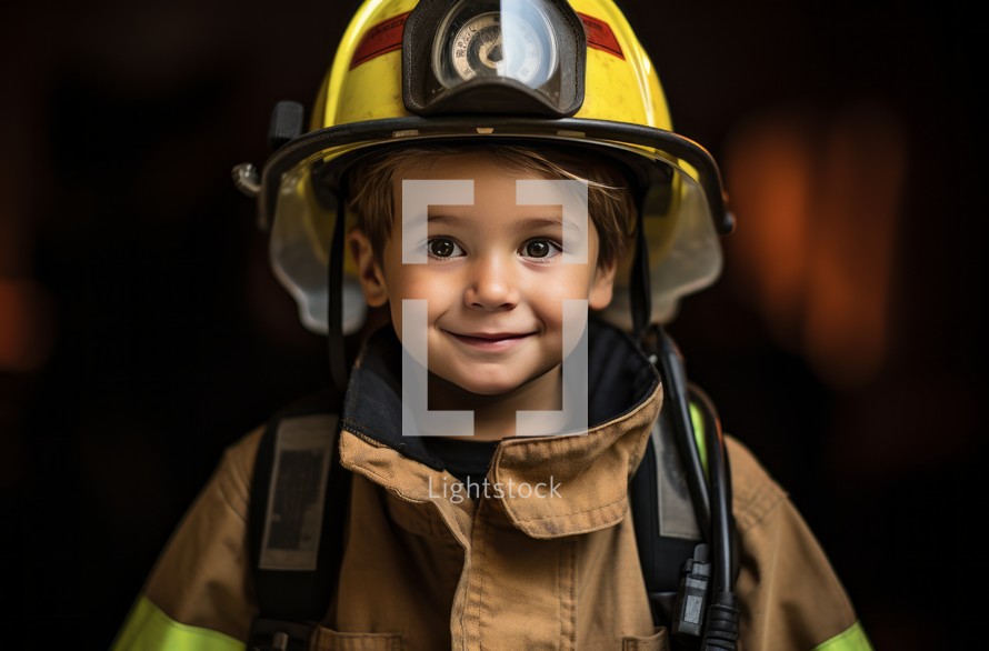 A young boy in a firefighter uniform, prepared and eager for action