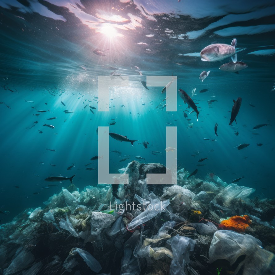 Marine animals amidst plastic pollution on the ocean floor