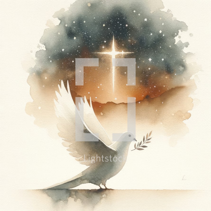 Dove of peace on the background of the night sky with stars. Watercolor illustration