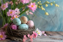 Speckled Easter eggs in a nest among vibrant pink spring flowers on a rustic wooden surface, embodying the spirit of seasonal renewal