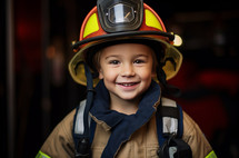 An enthusiastic 6-year-old boy dressed up as a firefighter