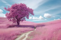 This captivating photo showcases a solitary tree standing proudly in the middle of a stunning pink field