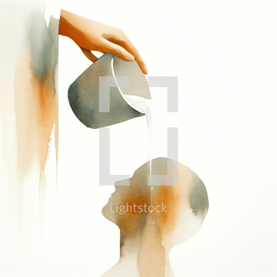 Baptism. Watercolor illustration of a hand pouring water on the head of a man
