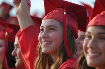 High school graduates in red caps and robes celebrate with bright smiles