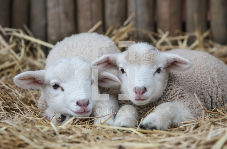 Two young lambs with white fur are lying on a straw mat, looking directly into the camera