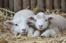 Two young lambs with white fur are lying on a straw mat, looking directly into the camera