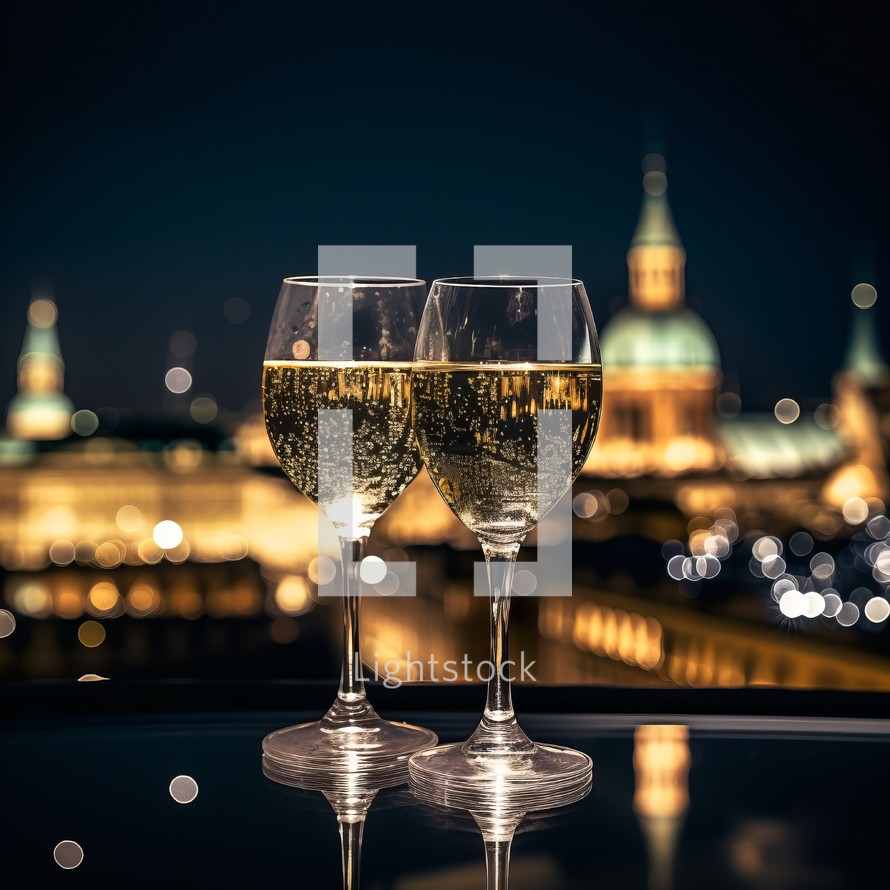Night cityscape seen through a glass of sparkling wine