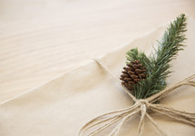 pine and pine cone on a brown paper gift box 