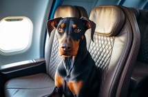A Doberman dog sitting in an airplane cabin looking at the camera