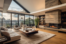 Spacious penthouse living room with fireplace and city view