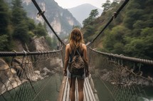 traveler walking on a suspension bridge in a mountain forest, view from behind