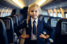 Blonde girl in a flight attendant uniform inside an airplane cabin