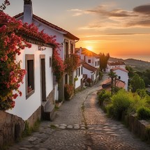 Charming Portuguese village with colorful houses, blooming flowers, and a scenic road disappearing into the distance at dawn