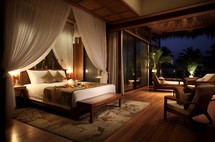 Elegant hotel room with Indonesian design aesthetics and luxury decor