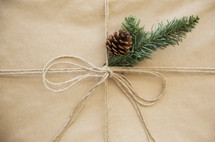 brown paper gift box with pine cone 