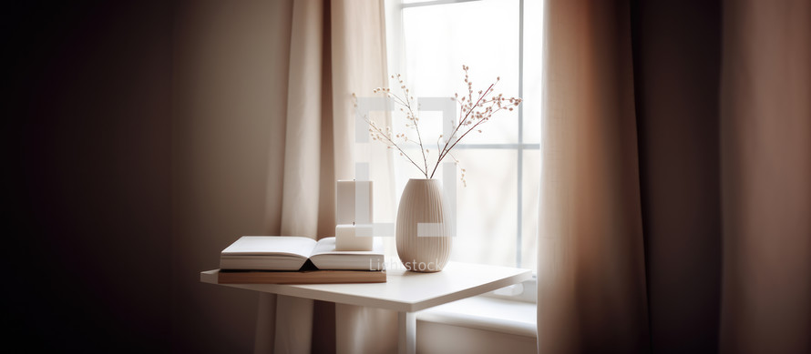 Home interior. Living room interior with books, ceramic vase with dried flowers and window.