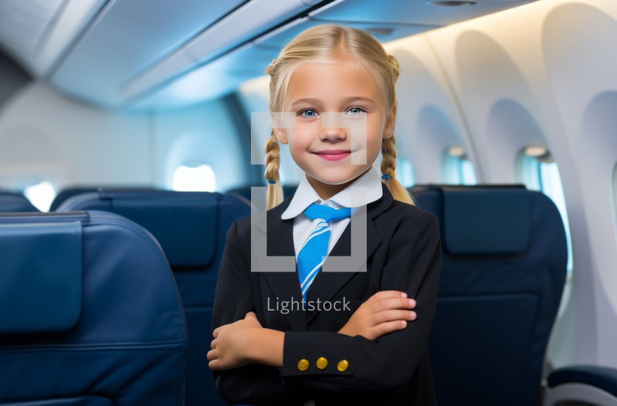 A smiling girl in an airplane cabin, wearing a flight attendant uniform, radiating positivity and enthusiasm