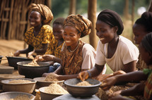 Smiling African villagers engaged in a communal meal preparation, the joy of shared work and community spirit palpable among the group in traditional attire