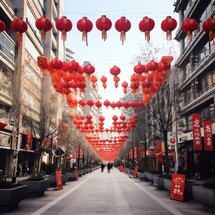 Vibrant Shanghai street adorned for Chinese New Year celebrations Colorful lanterns and festive decorations create a lively atmosphere