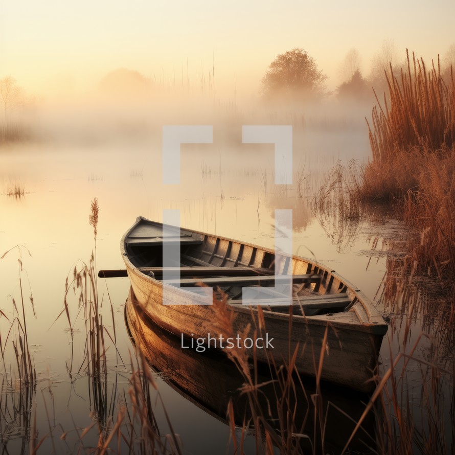 Wooden boat tied to shore in early morning fog, surrounded by reeds and calm lake