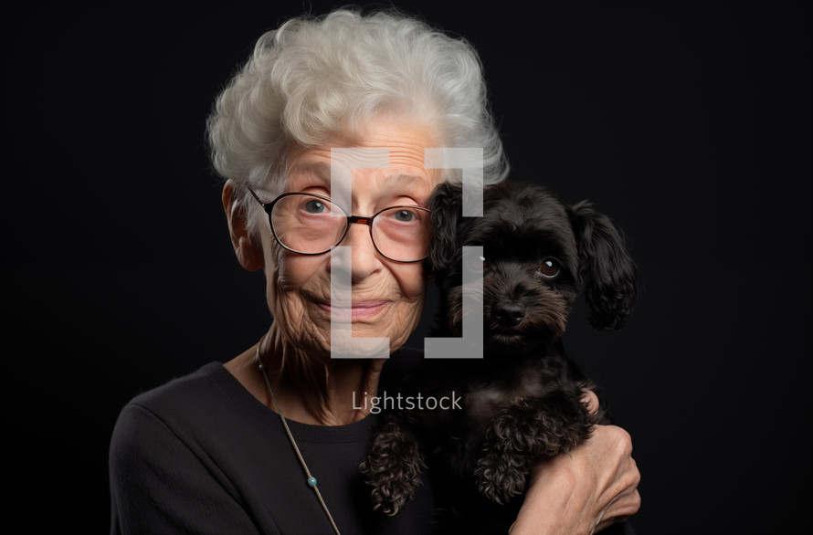 A joyful senior lady with a beaming smile holds a small black dog, capturing a moment of affectionate companionship against a dark background.