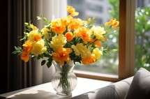 Bright yellow and orange flowers in a glass vase on a table near a window