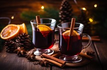 Close up of mulled wine in glass mugs with cinnamon sticks and orange slices, festive background