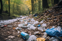 Garbage strewn across woodland floor, polluting environment