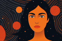 Close up of a female illustration with stars and planets
