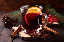 Close up of traditional mulled wine in a glass with orange slice and holiday decorations