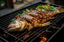 Close up of a fish being grilled over a charcoal fire with fresh greens