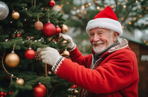 Senior man decorating Christmas tree with care