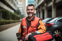 A middle-aged hispanic courier with a delivery bag smiling at the camera