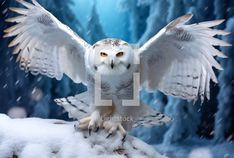 Snowy owl with wings spread wide, poised on snow in a frosty forest setting