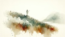 Silhouette of Jesus standing on top of a mountain and preaching to the crowd. Watercolor painting.	