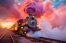 A colorful steam train emitting vibrant smoke on the tracks