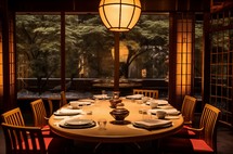 Luxury Japanese restaurant interior with ambient lighting