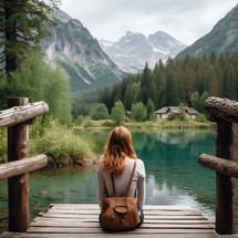 Close up of a Caucasian female solo traveler sitting on a wooden dock at a mountain lake