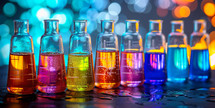  Laboratory test tubes filled with vibrant liquids against a bokeh backdrop