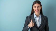 Portrait of a beautiful business woman showing thumbs up on blue background